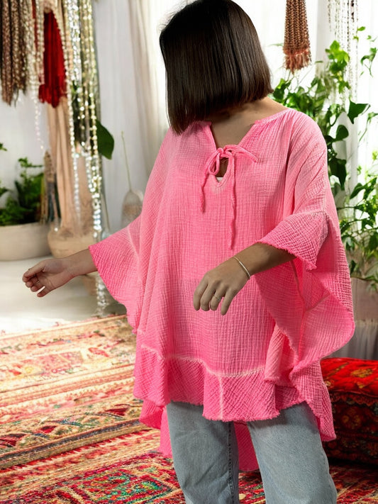 VICTOIRE - TUNIQUE OVERSIZE FUCHSIA EN GAZE DE COTON JUSQU'A LA TAILLE 52/54