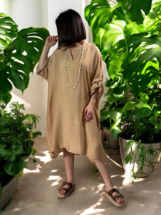 COLINE - ROBE TUNIQUE CAMEL OVERSIZE BRODEE DANS LE DOS JUSQU'A LA TAILLE 54/56