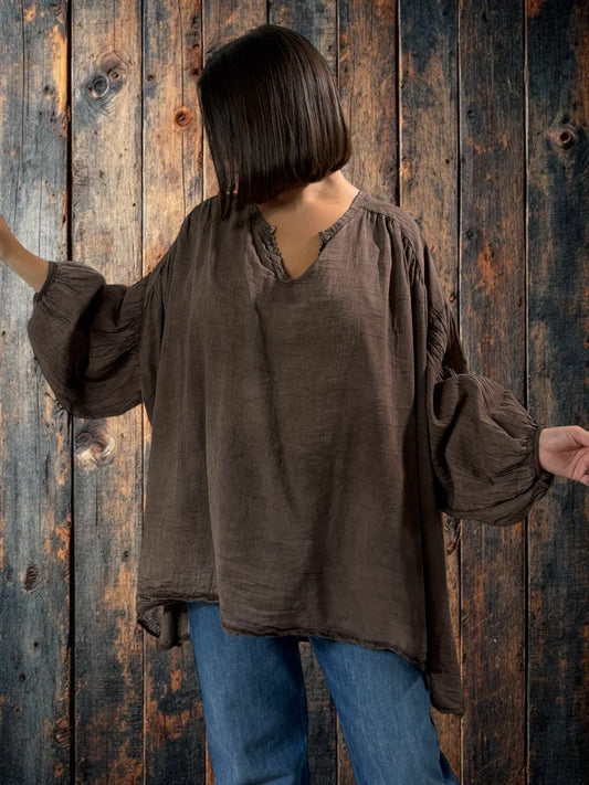 MARION - BLOUSE MARRON EN COTON OVERSIZE JUSQU'A LA TAILLE 56