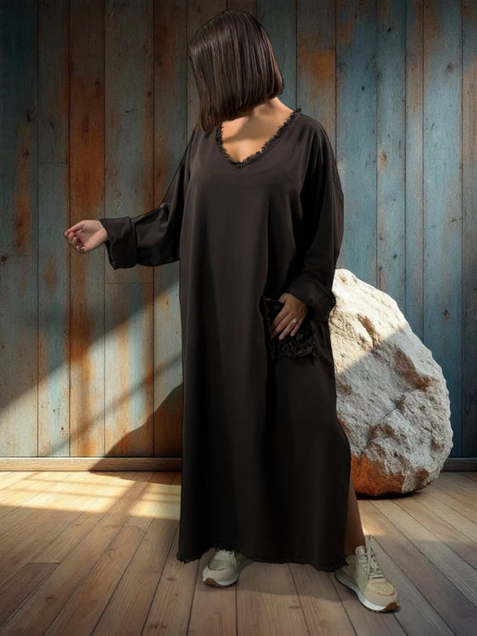 SALOME - ROBE OVERSIZE MARRON POCHE LEOPARD JUSQU'A LA TAILLE 58