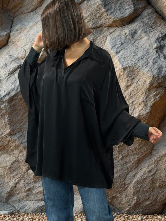 MONICA - TUNIQUE NOIRE OVERSIZE ASPECT SOIE JUSQU'A LA TAILLE 56