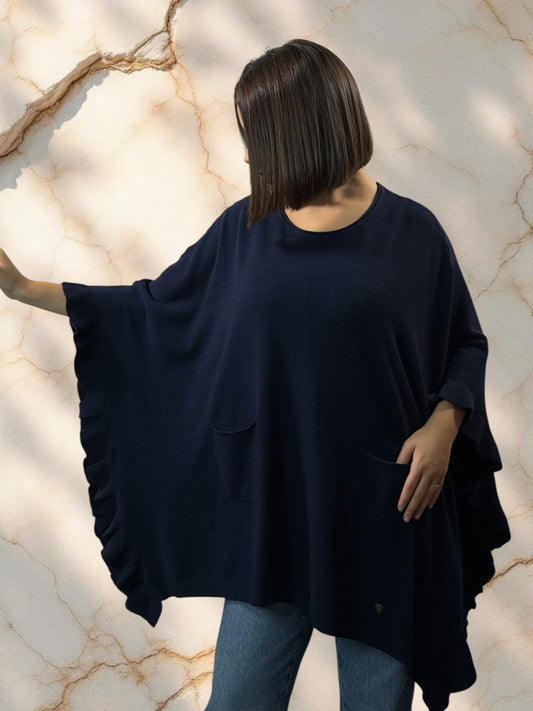 BIANCA - PONCHO MARINE EN MAILLE JUSQU'A LA TAILLE 56/58