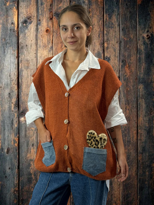 GIANNI - GILET ROUX SANS MANCHE POCHES EN JEAN JUSQU'A LA TAILLE 52