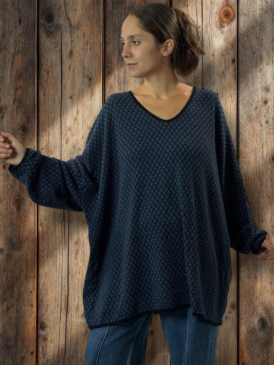PABLO - PULL EN MAILLE A MOTIF BLEU JUSQU'A LA TAILLE 56