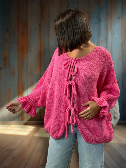 BERENGERE - GILET OVERSIZE ROSE AVEC NOEUDS JUSQU'A LA TAILLE 52/54