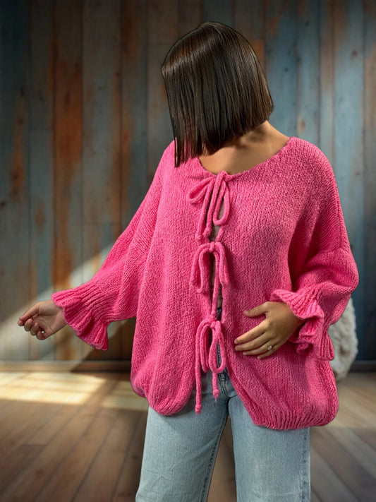 BERENGERE - GILET OVERSIZE ROSE AVEC NOEUDS JUSQU'A LA TAILLE 52/54
