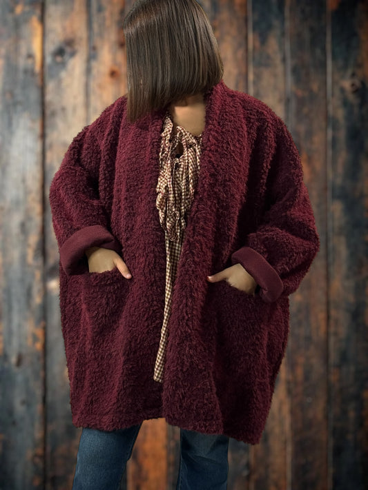 LILIROSE - VESTE OVERSIZE BORDEAUX EN MOUMOUTE JUSQU'A LA TAILLE 56/58