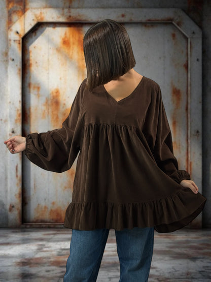 VICTORIA - TUNIQUE MARRON EN VELOURS MILLERAIES OVERSIZE JUSQU'A LA TAILLE 52