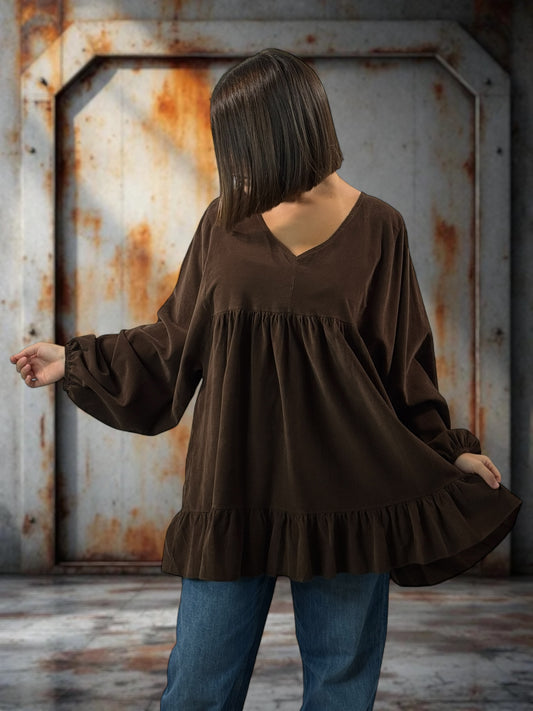 VICTORIA - TUNIQUE MARRON EN VELOURS MILLERAIES OVERSIZE JUSQU'A LA TAILLE 52