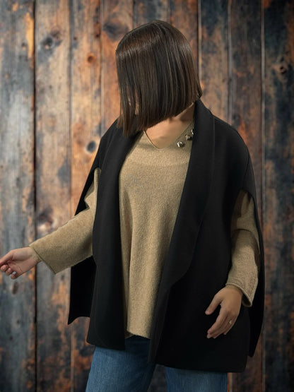 DONATELLA - VESTE CAPE NOIRE JUSQU'A LA TAILLE 50/52