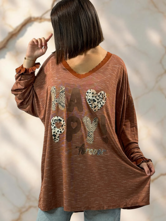 HELLO - PULL ROUX EN MAILLE LOGO HAPPY JUSQU'A LA TAILLE 54