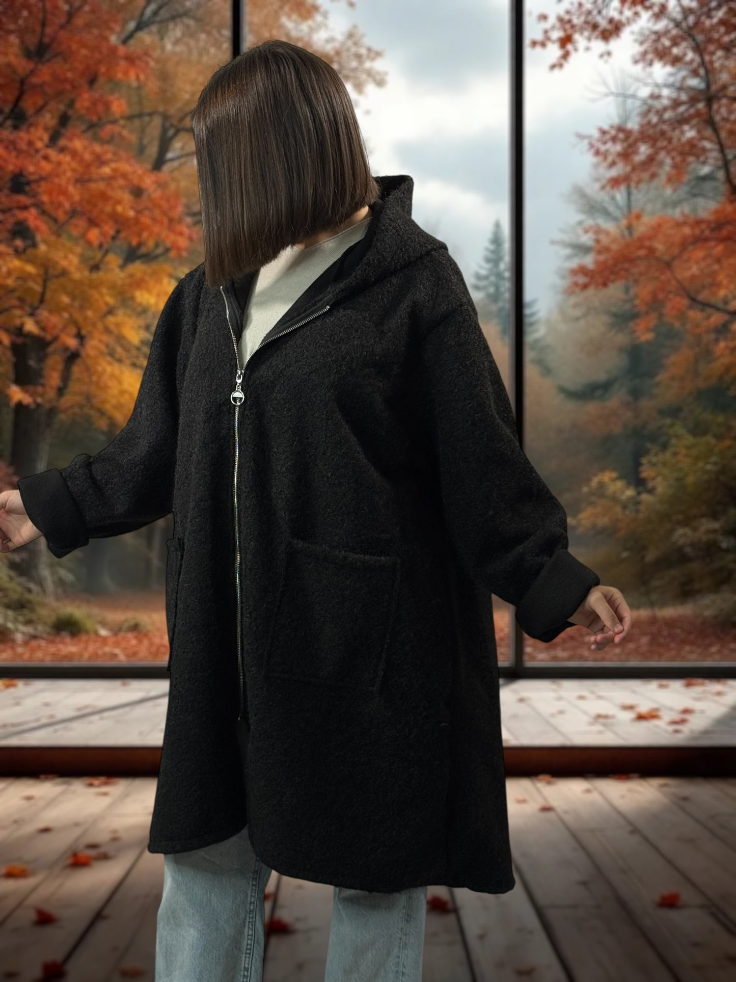 OCEANE - VESTE OVERSIZE NOIRE A CAPUCHE JUSQU'A LA TAILLE 54/56