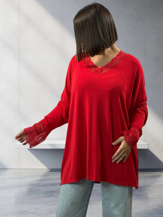 VALENTINA - PULL ROUGE EN MAILLE BORDE DE DENTELLE JUSQU'A LA TAILLE 54
