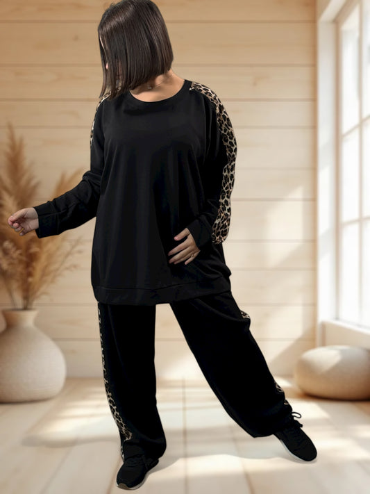 LEONARDO - ENSEMBLE NOIR BANDE LEOPARD JUSQU'A LA TAILLE 52/54