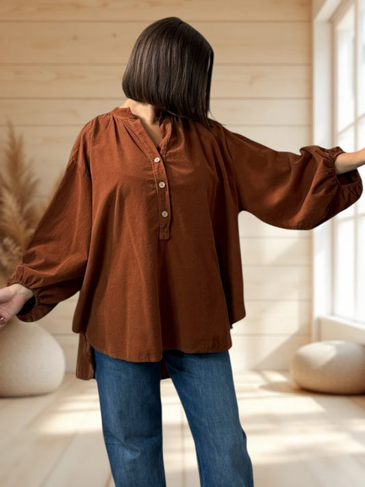 ALICIA - BLOUSE ROUILLE EN VELOURS MILLERAIES OVERSIZE JUSQU'A LA TAILLE 56