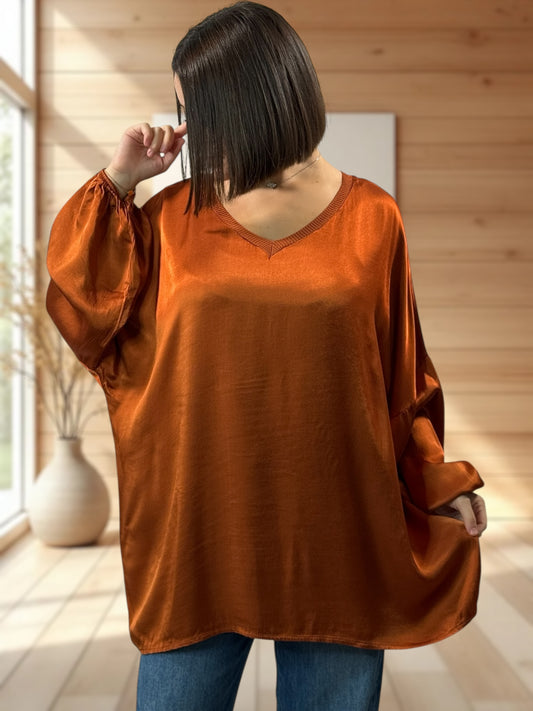 BARBARA - TUNIQUE ROUILLE OVERSIZE ASPECT SOIE JUSQU'A LA TAILLE 52