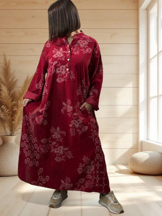 VERONE - ROBE BORDEAUX A MOTIF EN VELOURS JUSQU'A LA TAILLE 52