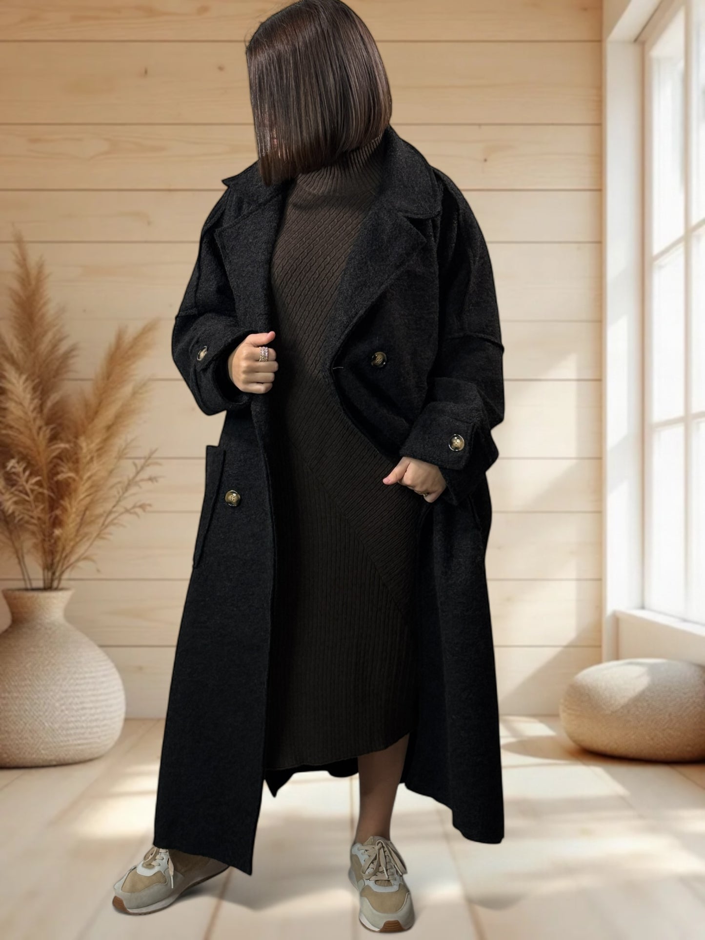ROBERTO - LONG MANTEAU NOIR JUSQU'A LA TAILLE 50/52