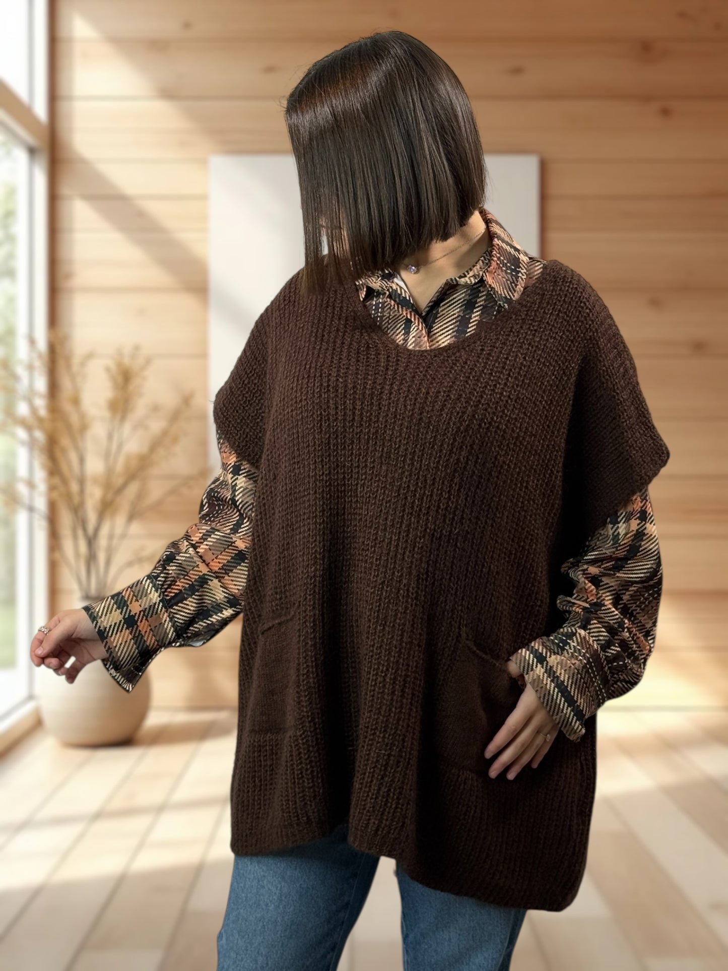 ENZO - PULL MARRON OVERSIZE JUSQU'A LA TAILLE 56