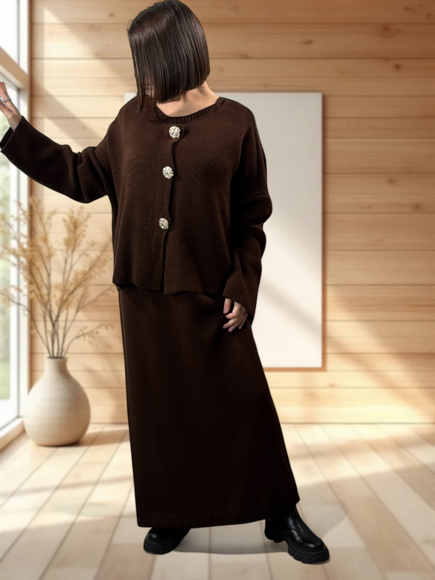 GABRIELA - ENSEMBLE MARRON EN MAILLE ROBE ET GILET JUSQU'A LA TAILLE 48