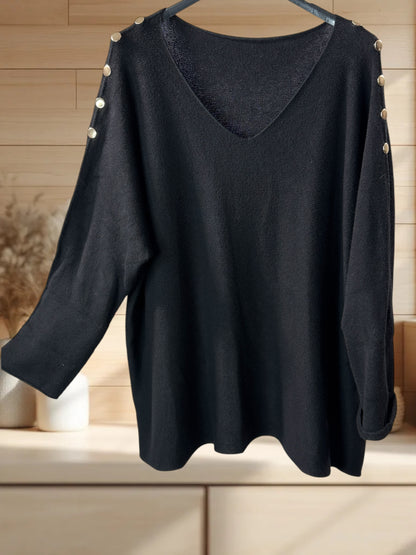 DONNA - PULL OVERSIZE NOIR AVEC BOUTONS DORES JUSQU'A LA TAILLE 52