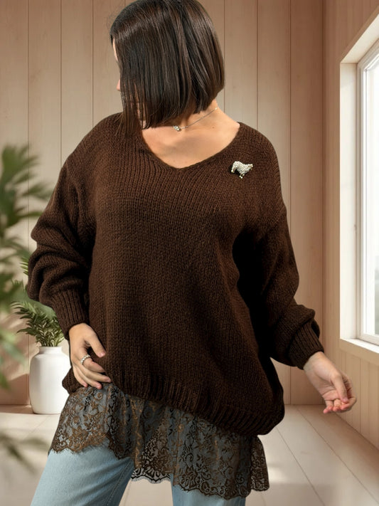 MONIKA - PULL MARRON AVEC DENTELLE JUSQU'A LA TAILLE 48/50