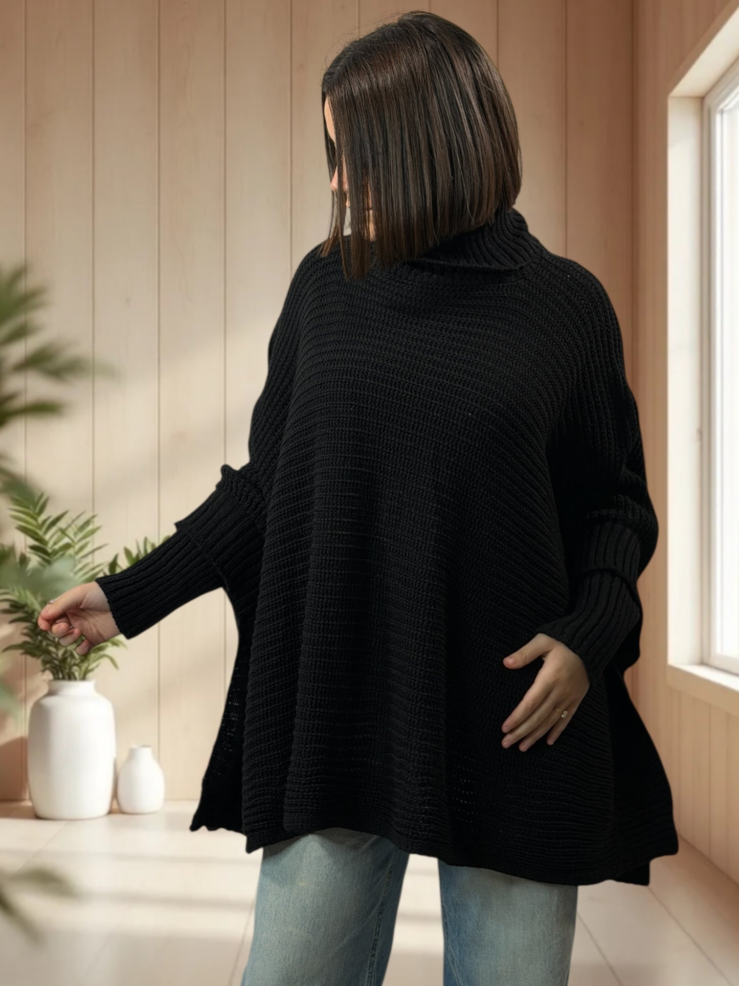 HELLO - PULL PONCHO NOIR OVERSIZE JUSQU'A LA TAILLE 56/58