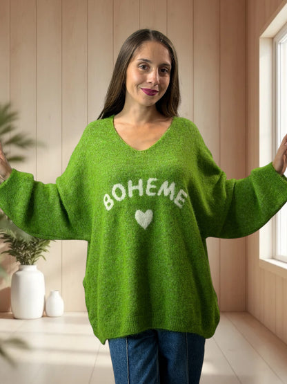 CLAUDIO - PULL VERT LOGO BOHEME JUSQU'A LA TAILLE 54/56