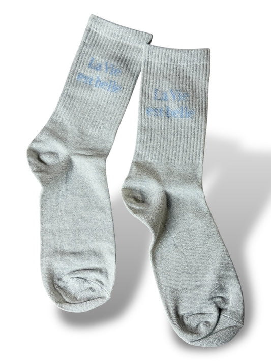 CHAUSSETTES SCINTILLANTES LA VIE EST BELLE BLANC ARGENTE