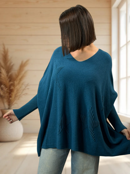 ZAZA - PULL OVERSIZE BLEU CANARD MOTIF ETOILE JUSQU'A LA TAILLE 56