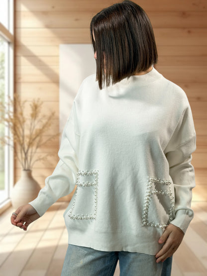BERENICE - PULL BLANC  AVEC PERLE JUSQU'A LA TAILLE 50/52