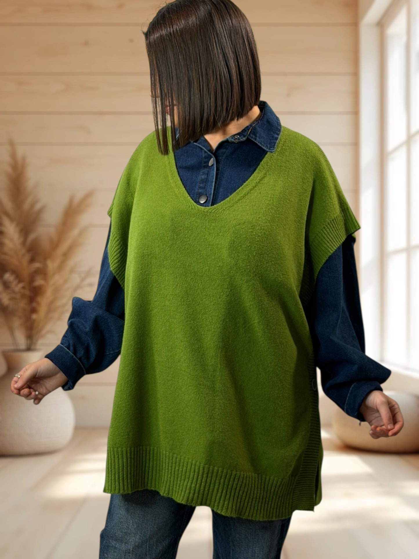 AURELIE - PULL VERT ANIS SANS MANCHES JUSQU'A LA TAILLE 52