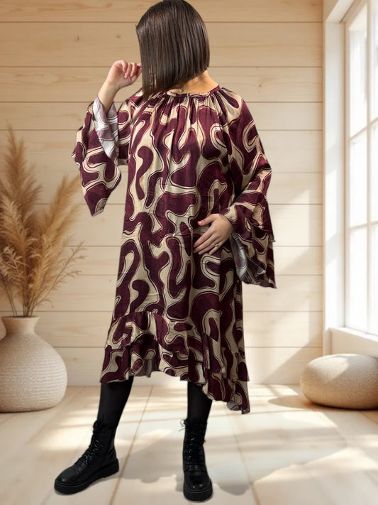 MATHILDA - ROBE AVEC DE LA SOIE MOTIF BORDEAUX JUSQU'A LA TAILLE 50