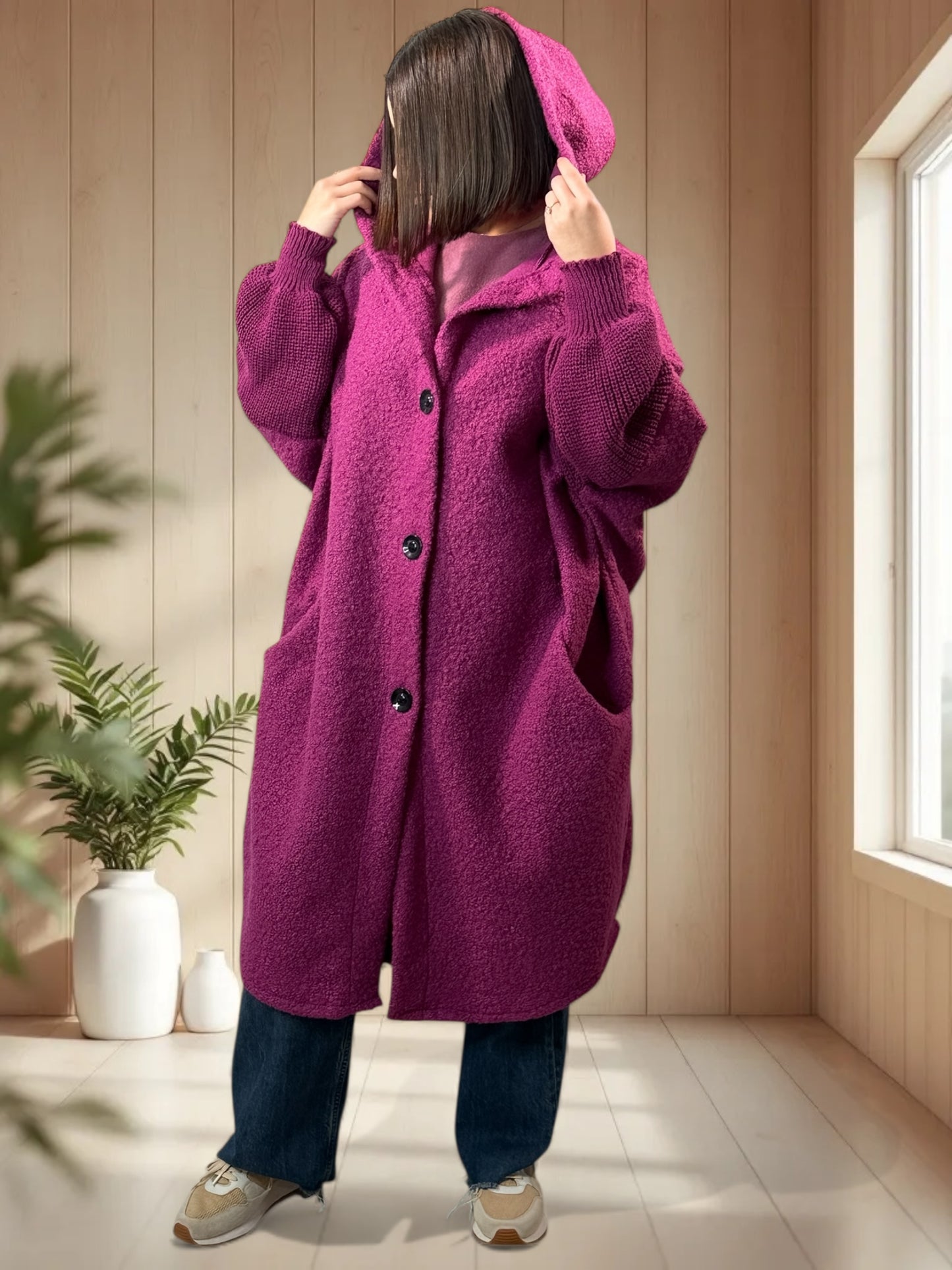 VIRGINIE - MANTEAU OVERSIZE CYCLAMEN A CAPUCHE JUSQU'A LA TAILLE 54