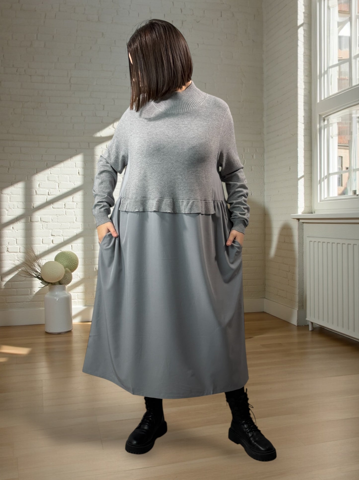 GARANCE - ROBE BI-MATIÈRE GRISE JUSQU'A LA TAILLE 48/50