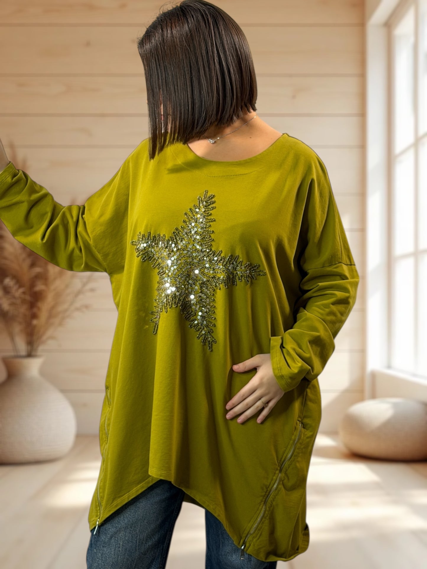 TONY - SWEAT OVERSIZE VERT ETOILE EN SEQUINS JUSQU'A LA TAILLE 56