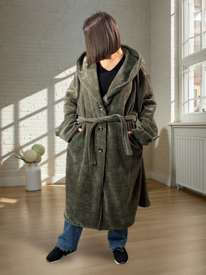 CARLOTA - MANTEAU OVERSIZE KAKI A CAPUCHE JUSQU'A LA TAILLE 56/58