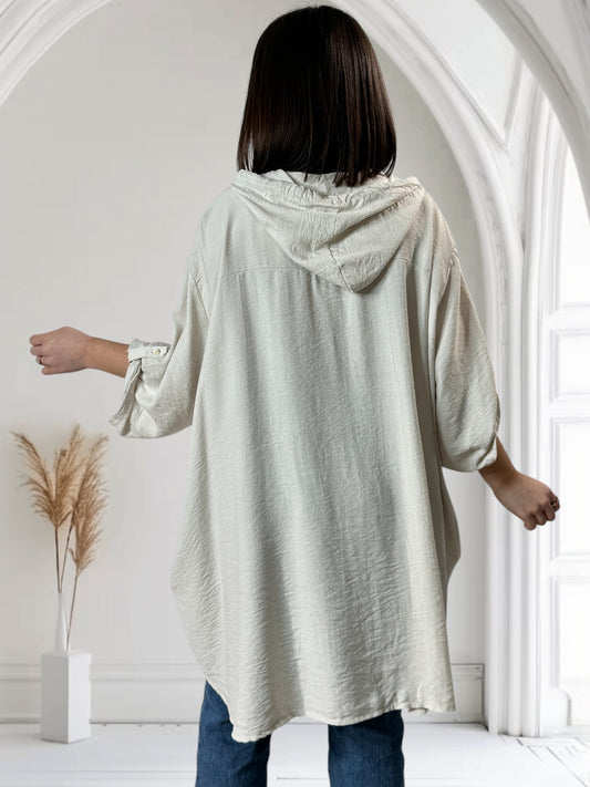 KARINE - VESTE CHEMISE BEIGE OVERSIZE  A CAPUCHE JUSQU'A LA TAILLE 58