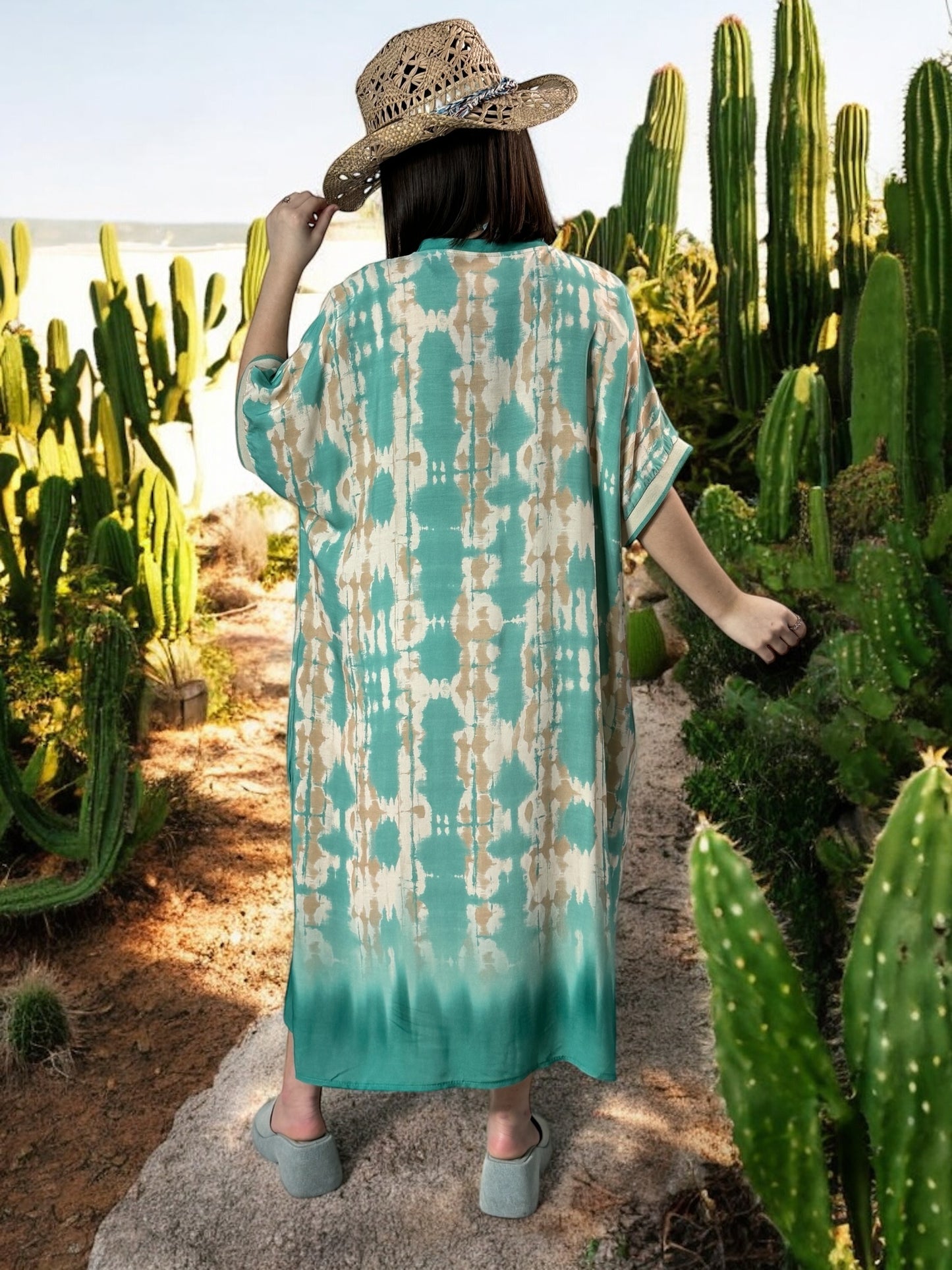 LALY - ROBE OVERSIZE MOTIF TURQUOISE JUSQU'A LA TAILLE 54
