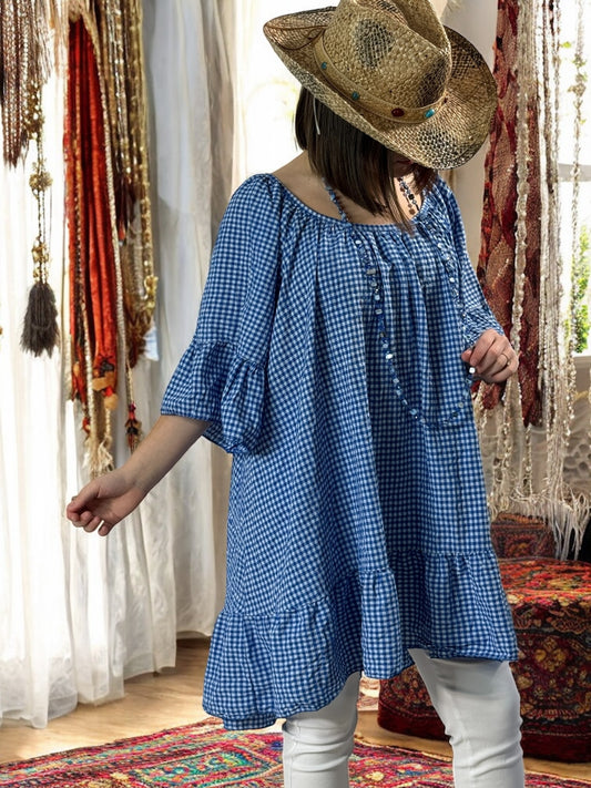 DEBORAH - TUNIQUE VICHY BLEU IMPERIAL JUSQU'A LA TAILLE 54/56