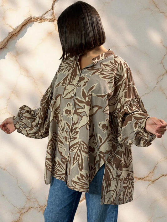 MARIKA - BLOUSE MOTIF MARRON EN COTON OVERSIZE JUSQU'A LA TAILLE 52/54