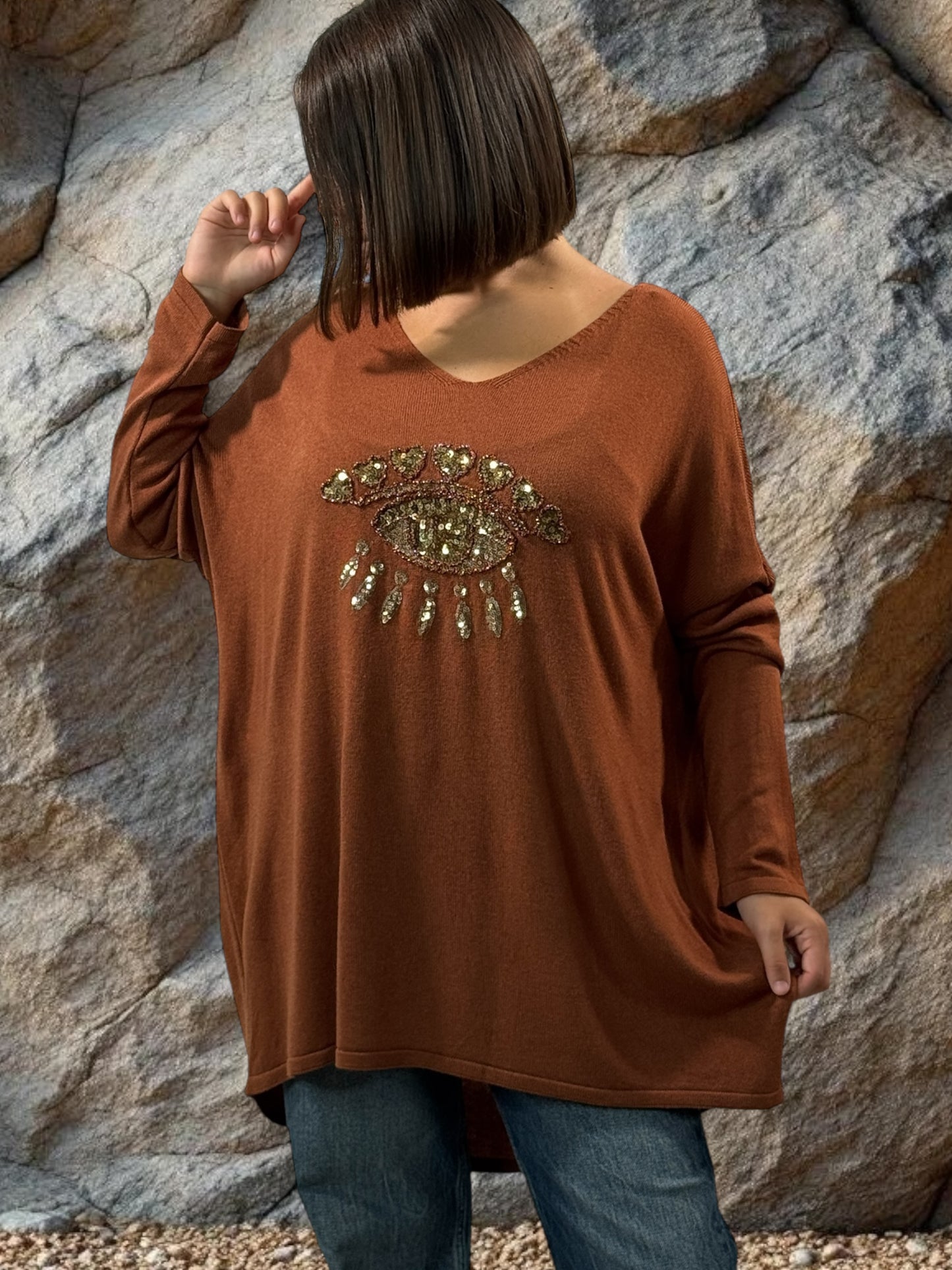 FREEDOM - PULL ROUX EN MAILLE FLUIDE OEIL EN SEQUINS JUSQU'A LA TAILLE 52
