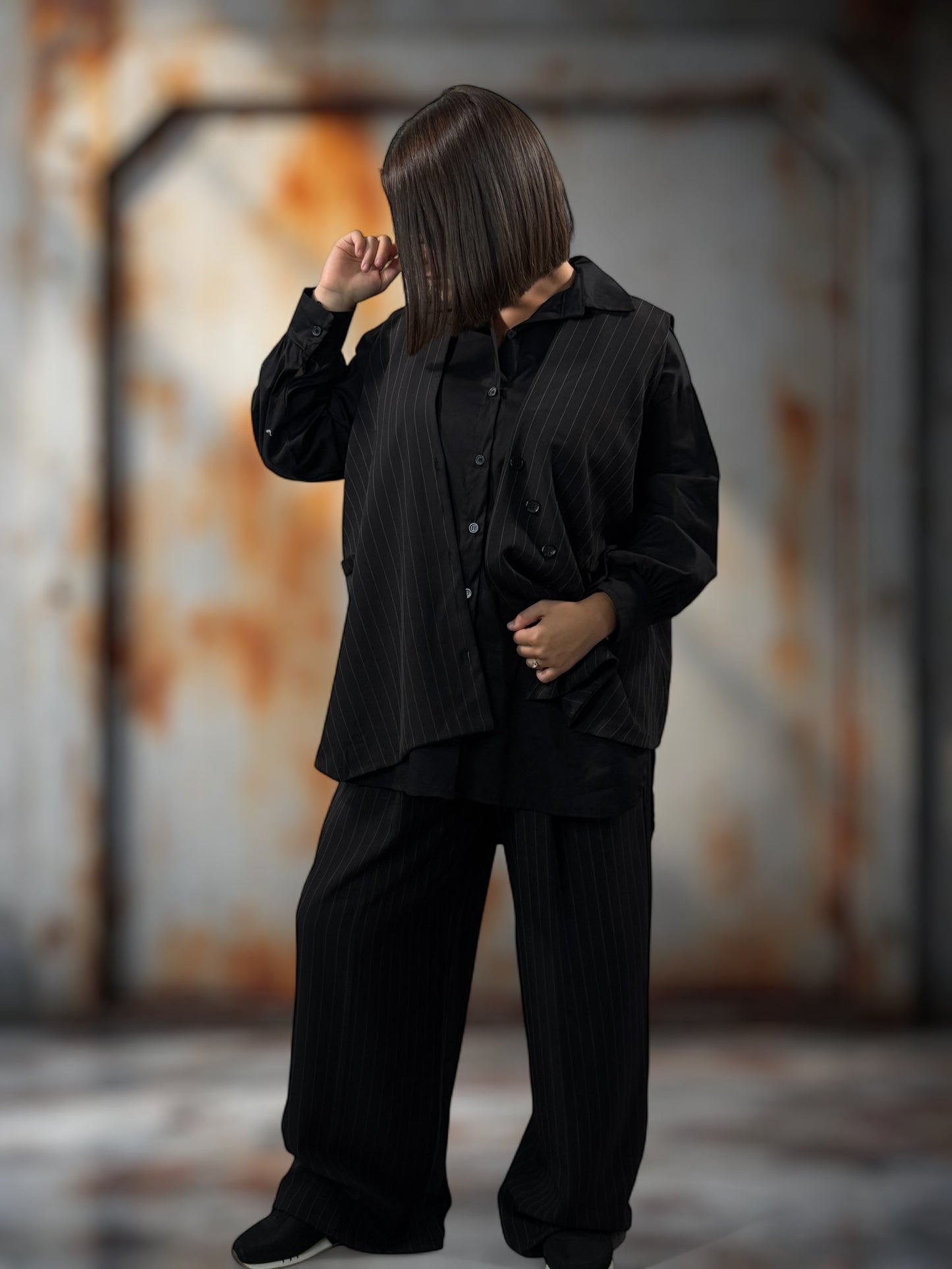 YANOU - PANTALON NOIR A RAYURE JUSQU'A LA TAILLE 48