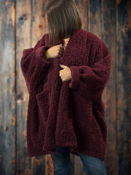 LILIROSE - VESTE OVERSIZE BORDEAUX EN MOUMOUTE JUSQU'A LA TAILLE 56/58