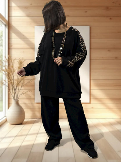 FILIPO - ENSEMBLE NOIR EN VELOURS BANDE LEOPARD JUSQU'A LA TAILLE 52/54