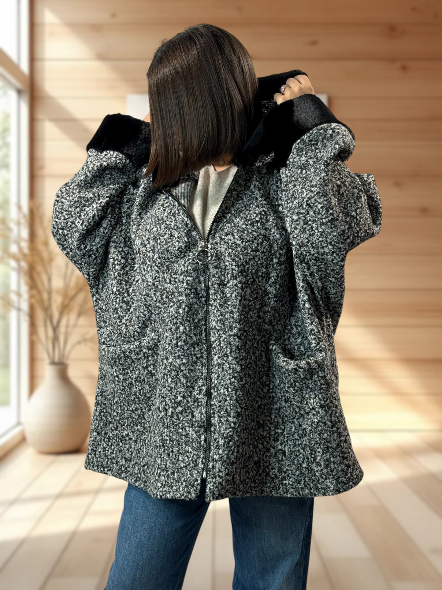 DAISY - VESTE OVERSIZE A CAPUCHE GRIS CHINE JUSQU'A LA TAILLE 56