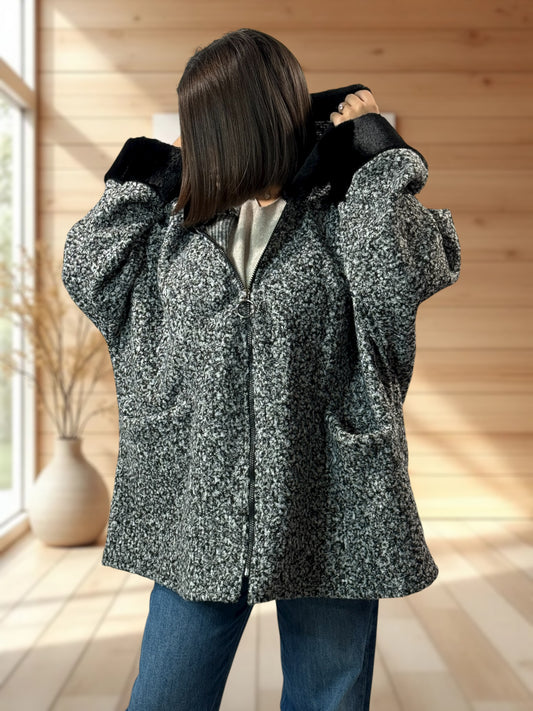 DAISY - VESTE OVERSIZE A CAPUCHE GRIS CHINE JUSQU'A LA TAILLE 56