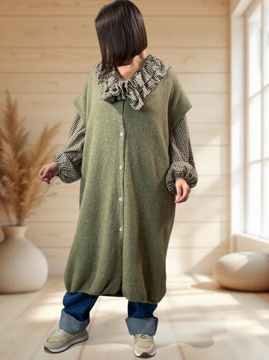 UGO - LONG GILET OVERSIZE KAKI JUSQU'A LA TAILLE 56/58