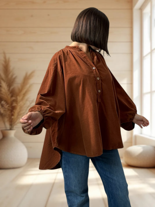 ALICIA - BLOUSE ROUILLE EN VELOURS MILLERAIES OVERSIZE JUSQU'A LA TAILLE 56