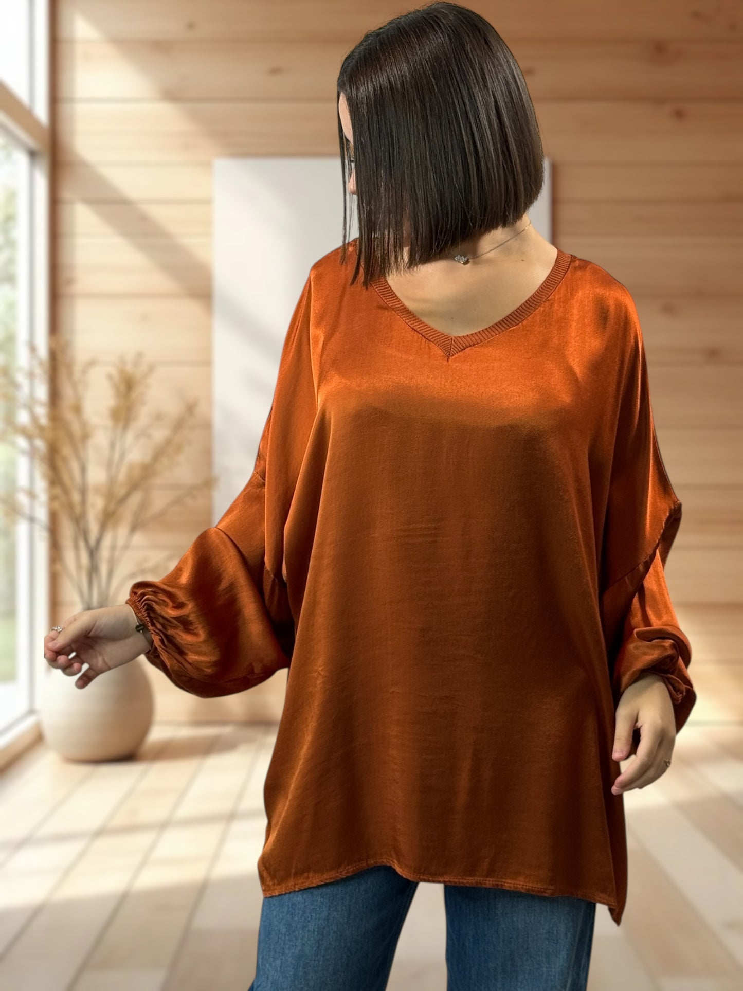 BARBARA - TUNIQUE ROUILLE OVERSIZE ASPECT SOIE JUSQU'A LA TAILLE 52